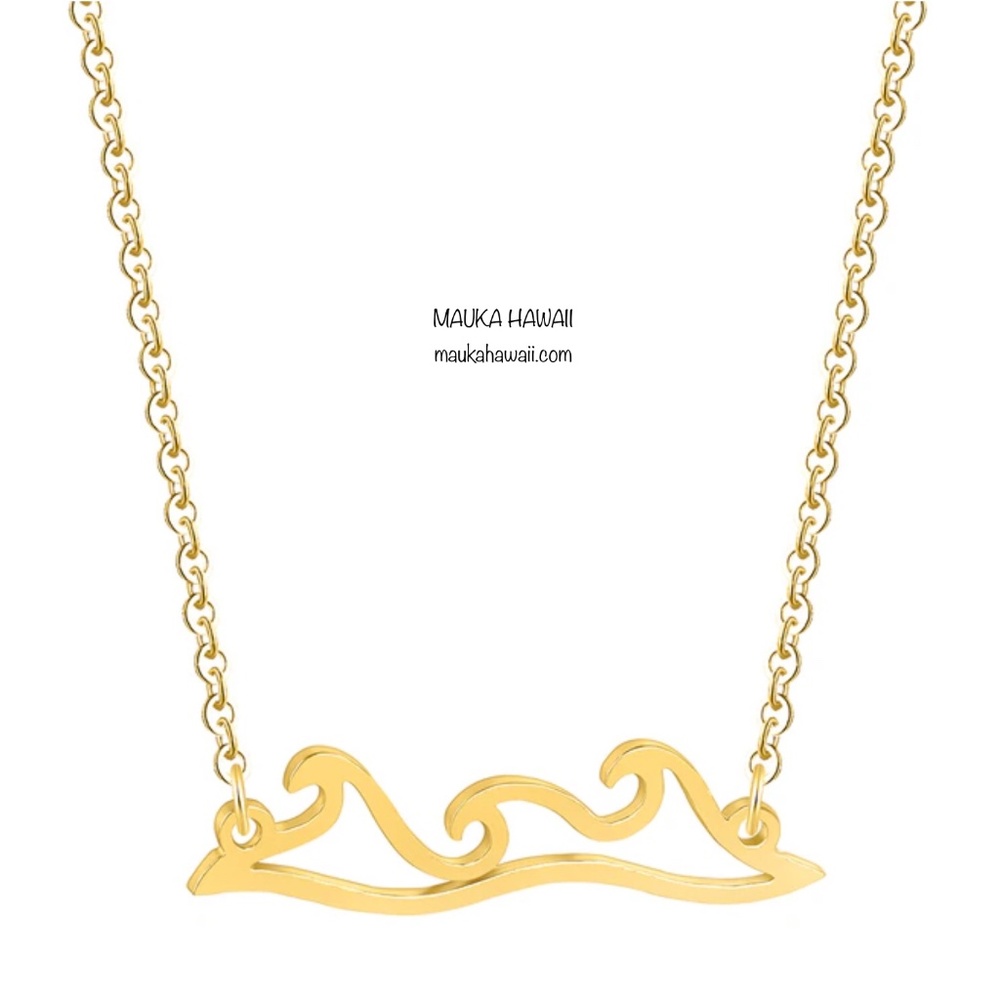 Stainless Ocean Beach Waves Gold Silhouette Pendant Necklace w 18in Chain New!